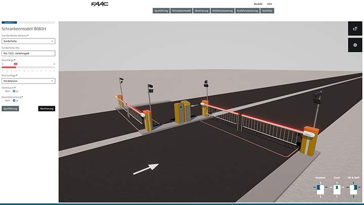 FAAC Schrankenkonfigurator: Zwei Fahrspuren mit doppelter Beschrankung, Kennzeichen und UHF-Weitbereichsleser